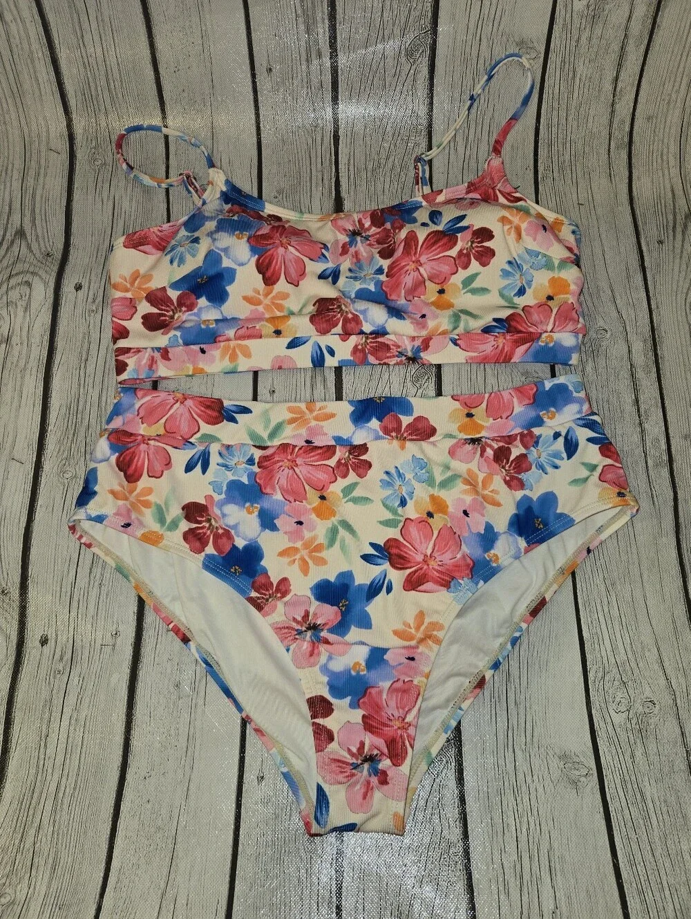 Cupshe Floral Ribbed Bikini Set High Waisted Tropical Swimsuit M/L - Picture 6 of 7